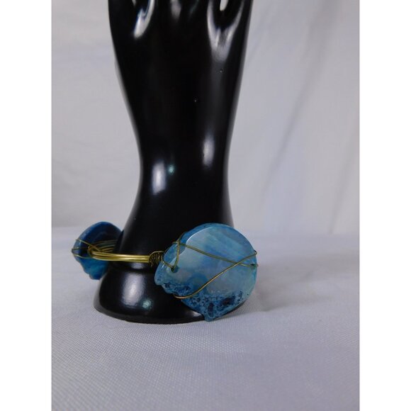 Handmade Bangle Bracelet Wire Wrapped Gold Tone Boho Statement Agate Jewelry - Picture 3 of 7